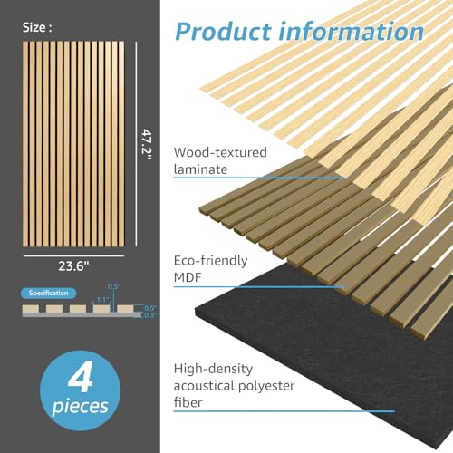Image of Art3d 4-Pack Fluted Acoustic Wood Slat Wall Panel, 47.2 x 23.6 Inch, Oak