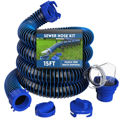 DUMPMAN RV Sewer Hose 15 FT, Sewer Hose for RV Camper RV, Sewer Hose Kit with Swivel Fitting - Includes 90 Degree Clear View Sewer Adapter, and 2 Storage Caps