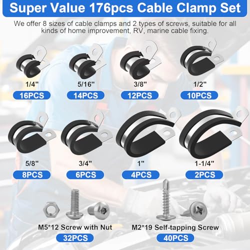 Jupwalz 176Pcs Cable Clamps Set with 72Pcs Screws, 8 Sizes Rubber Insulated Stainless Steel Cushioned Pipe & Loop Clamp for for Wire Cord Automotive Installation