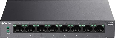TP-Link LS108GP | 8-Port Gigabit PoE+ Switch | 62W PoE Bütçesi, 250m İletim, Tak ve Çalıştır | Fansız, Sessiz Metal Kasa | IP Kamera & AP Uyumlu Ağ Anahtarı