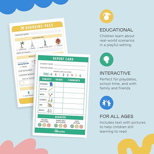 Image of Tiny Expressions Kids Pretend Play Notepads - 40 Pages Boarding Pass & 40 Pages Classroom Report Card Notepad - Travel Booking Agent and Teacher Imaginative Role Play - Playtime Activity Sheets