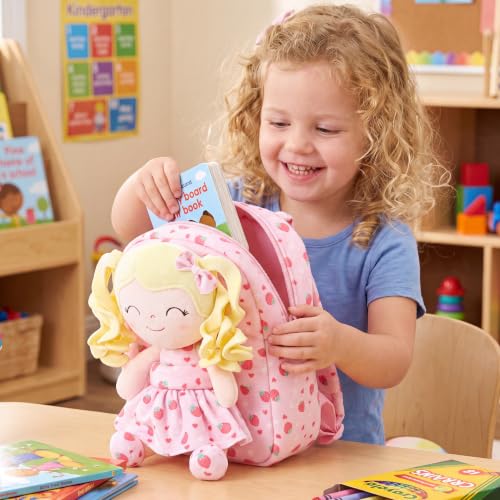 Image of Gloveleya Toddler Backpack Baby Girl Gifts Curly Hair Plush Figures Dress Backpack Kids Backpack Curly Spring Girl Fruit - Strawberry 9inches
