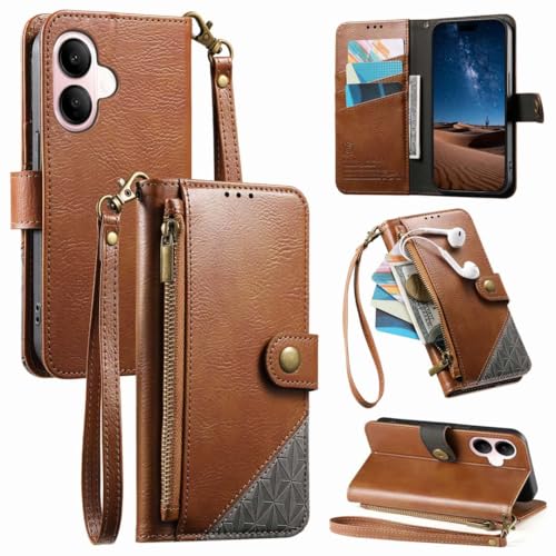 LIAOCY Flip Hülle für Vivo V60 Lite, PU-Leder im Brieftaschenformat mit Reißverschluss[Business-Stil], Stoßfeste Schutzhülle mit Ständer, Brown.