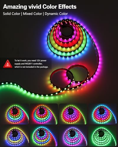 Image of ALITOVE 12V LED Light Strip WS2811 Addressable RGB IC LED Strip Light 300LEDs 16.4ft LED Lights for Bedroom Black Diffuser Upgraded Adhesive Back IP65 Waterproof (Without Power Supply & Controller)