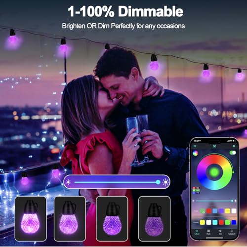 RGB 49FT Outdoor String Lights with App & Remote, IP66 Waterproof, 25 Color-Changing Bulbs for Cafes, Gardens, and Balconies