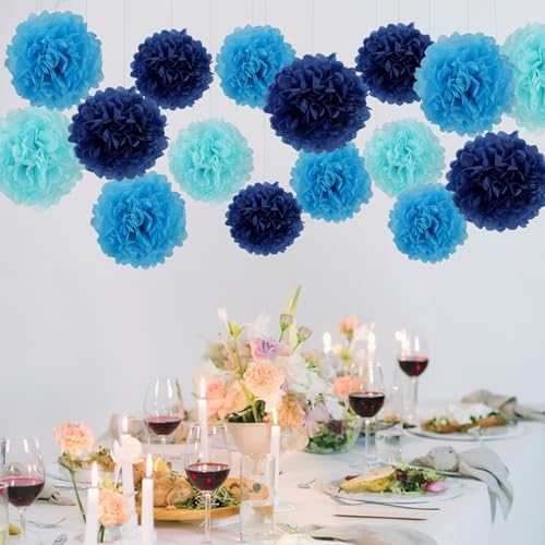 Image of BestoFun 16 PCS Navy Blue Party Decorations Tissue Paper Flowers Pom Poms Decorations for Girl Groovy Birthday Baby Shower Wedding Bachelorette Room Wall Hanging Decor