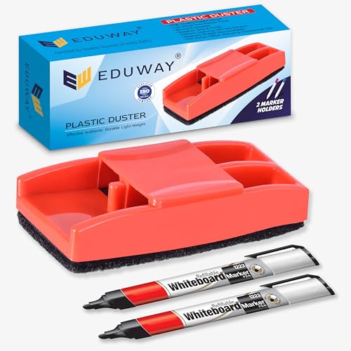 Image of Eduway Premium Non-Magnetic Whiteboard /Chalkboard Plastic Duster Eraser| with 2 Marker | Perfect for Cleaning & Durable| Ideal for Teacher, Office, Kids, and Home |(1 Duster, 1Marker) -Assorted Color