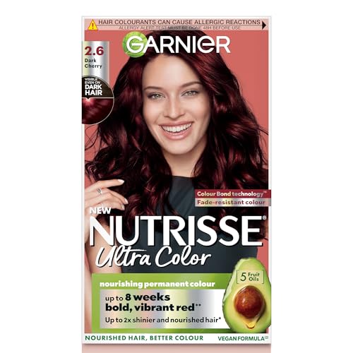 Garnier Nutrisse Ultra Color Hair Dye Vegan 2.6 Dark Cherry Red. Achieve 100% grey coverage and a deep luscious 8-week red colour. No-ammonia vegan for a rich vibrant dark cherry red finish.