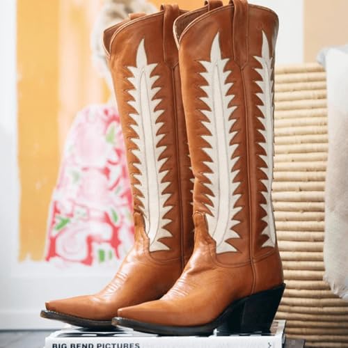 Embroidered Cowboy Boots for Women Almond Round Toe Chunky Heel Cowgirl Boots Pull On Knee High Boots with Foliage Inlay Boots4