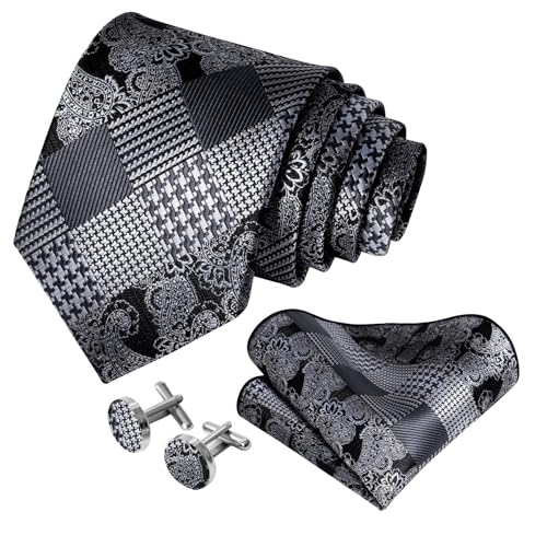 Image of 5PCS Mens Silk Designer Tie, Pocket Square, Cufflinks, Drilled Tie Ring and Lapel Pin Set for Wedding Groom Party