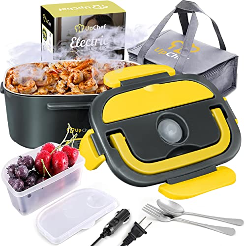Upchef Electric Lunch Box Food Heater Portable Food Warmer 60W Heated Lunch Box 2 In 1 For Car Truck & Home Leak Proof 2 Compartments Removable 304 Stainless Steel Container, Fork, Spoon (Yellow) #TOP4
