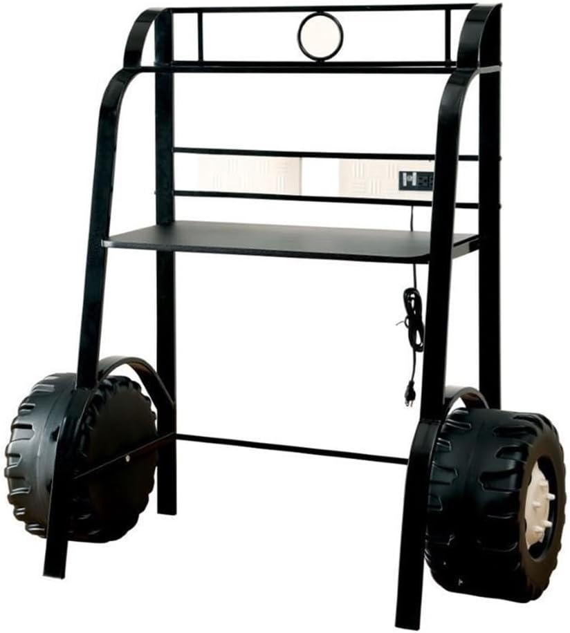 BOWERY HILL Traditional Metal Kids Desk with Stool, Black Finish, Steel Frame, Faux Leather Seat, USB Charging Port, Large Wheel Accents, Slim Top Shelf, 49 in Desk for Baby and Kids Room