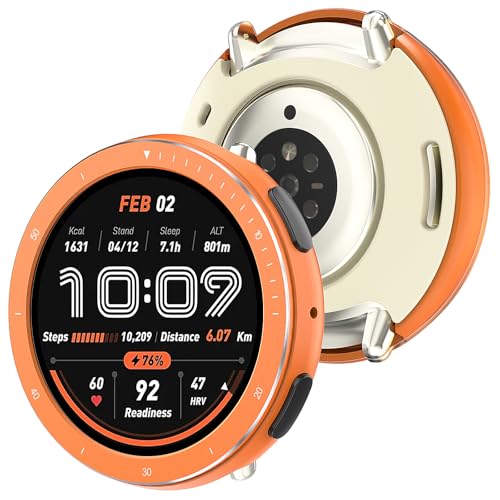 [2 in 1] BEARDDO Metal Case for Amazfit Active 2 Smart Watch 44mm Stainless Steel Bezel & TPU Back Cover with Cleaning Cloth Accessories Rugged Shockproof Protective Case for Active 2 Round Orange