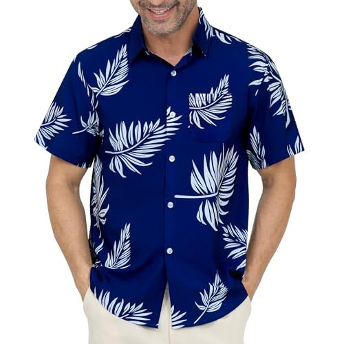 Hawaiian Shirt for Men with Pocket - Button Down Wrinkle-Resistant for Beach, Pool Parties (S-4XL) Small Navy Blue Leaf- With Pocket