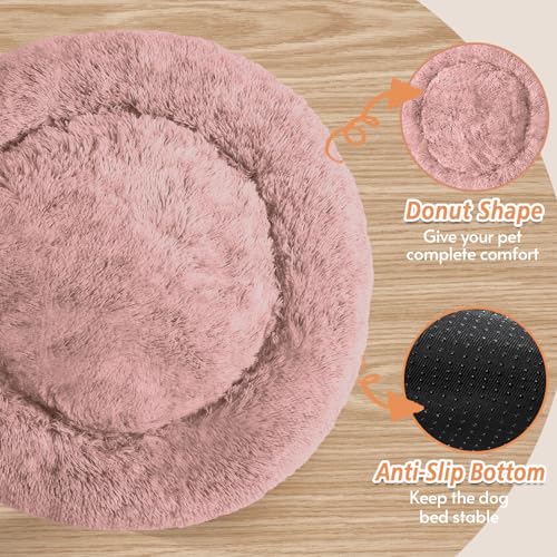 Image of JOLLYVOGUE Calming Dog Beds Extra Large Sized Dog, 45in Donut Washable Large Pet Bed, Anti-Slip & Anti-Anxiety Fluffy Faux Fur Round Dogs Bed, Fits up to 125 lbs Pets (Dark Pink)