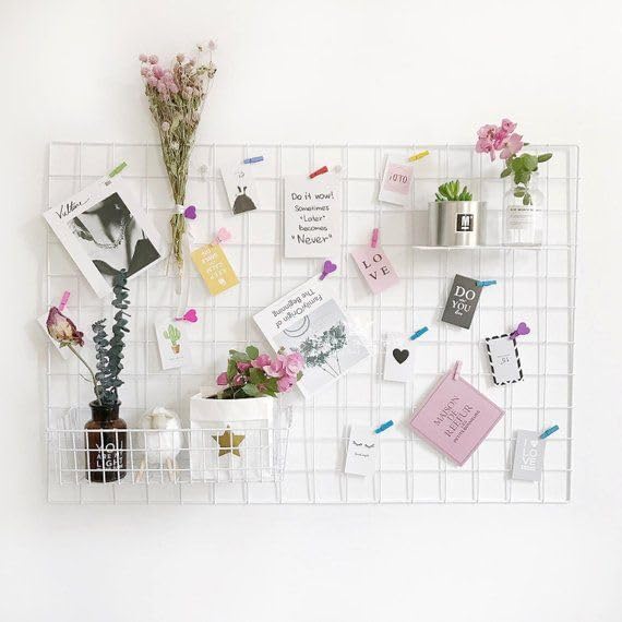 Image of Wire Grid Photo Display Board, Metal Frame, 65x45 cm, Modern Style,Wall Mount with Square Shape, Home Decor Wooden Clip 10 pcs , Metal Mesh Memory Wall, Black, Decorative Clip Board for Pictures Wall Hanging Photo Frame