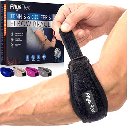 PhysFlex 2-Pack Elbow Brace for Men & Women, Adjustable Tennis & Golfer's Elbow Support Strap for Tendonitis Pain Relief - Compression Pad for Arm, Forearm, Tendon Pain Relief