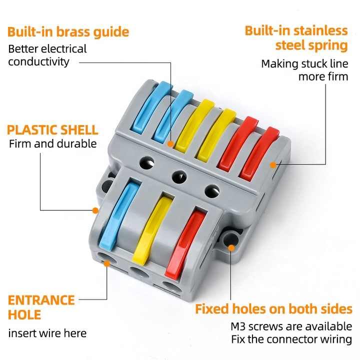 Image of ZIVIK 3 in 6 Out Electrical Wire Connector,5 Pcs Splicing Wire Terminal Block, Three Head 6 Way 250V Nylon Copper Block Terminal Wire Jointer Cable Conductor Clamp, Push-in Connectors
