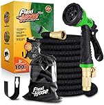 Flexi Hose Plus with 8 Function Nozzle Expandable Garden Hose, Lightweight & No-Kink Flexible Garden Hose, 3/4 inch Solid Brass Fittings and Double Latex Core, 100 ft Black