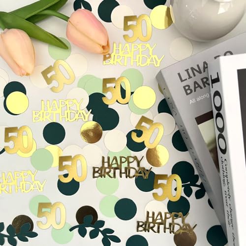 Image of Sage Green 50th Happy Birthday Confetti, 50th Birthday Table Decorations Scatter Green Gold Foil Cake Confetti Decorations for 50 Bday Women Men Party Decor 230 Pcs