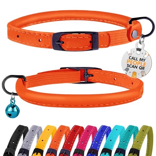 BRONZEDOG Cat Collar with Bell, Leather, ID Tag, Orange