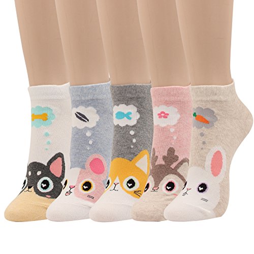 WOWFOOT Animal Zoo Casual Cute Fun Cotton Print Ankle Socks Design (Cute Animal IV-5 pairs)