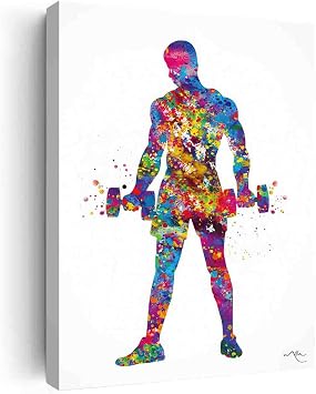 DAVUD Large Canvas Wall Art,Male Lifting Weights Watercolor Print Male Boy Dumbell Weightlifter Wall Decor Gym Fitness Power Lifter Strong Dad Gift Sport Wall Art- 12 in x16 in-Ready to hang