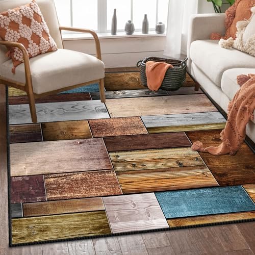 WTHYGB Teppich Läufer Flur, Küchenläufer 120x170cm rutschfest Waschbar | Bettvorleger für Waschküche, Vorzimmer, Schlafzimmer Küche und Wohnzimmer, Carpet Holzmaserung