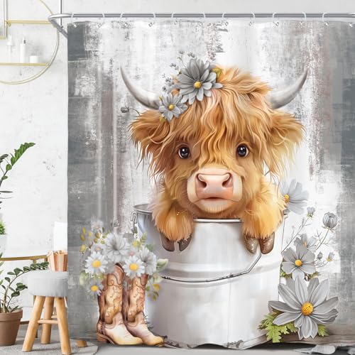 Grey Gray Highland Cow Western Rustic Farm Cool Bathroom Shower Curtain Set