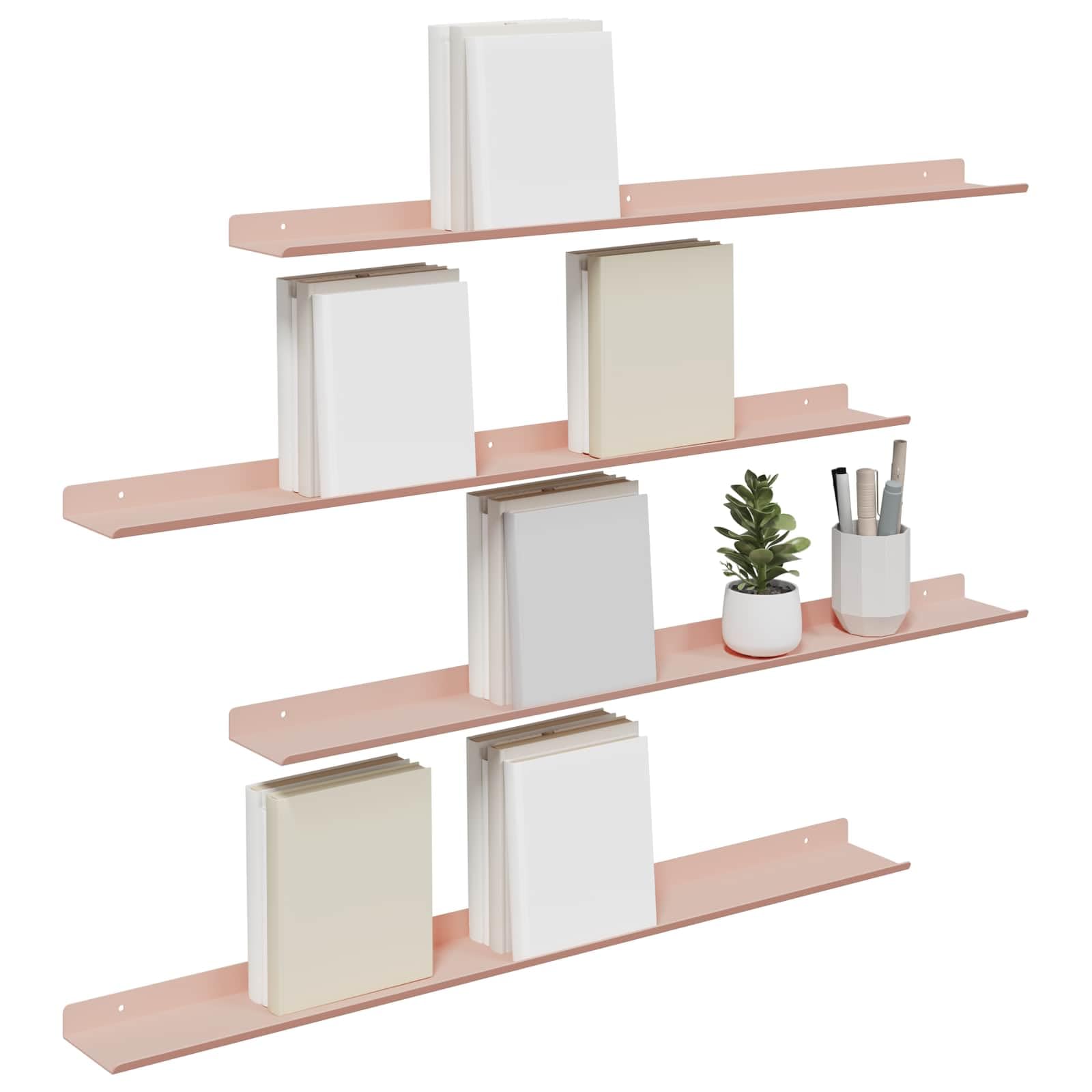 Schwebendes Wandregal aus Stahl 4er Set Rosa matt 80 x 9 x 2,5 cm, hängeregal, Bücherregal, Küchenregal, Badregal für Aufbewahrung und Deko