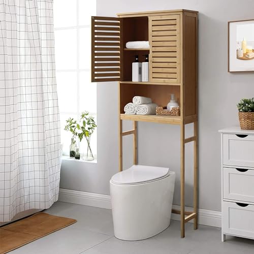 Yardenaler Over-The-Toilet Storage Shelf with Doors, Bathroom Freestanding Bamboo Organizer Space Saver with Adjustable Shelf, Natural