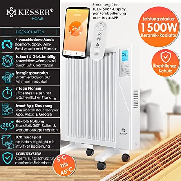 KESSER® Radiatore elettrico a infrarossi, a risparmio energetico, 2 in 1, convettore portatile e da parete, 1500 W, con controllo app WiFi e telecomando, radiatore, radiatore elettrico, timer 24 ore