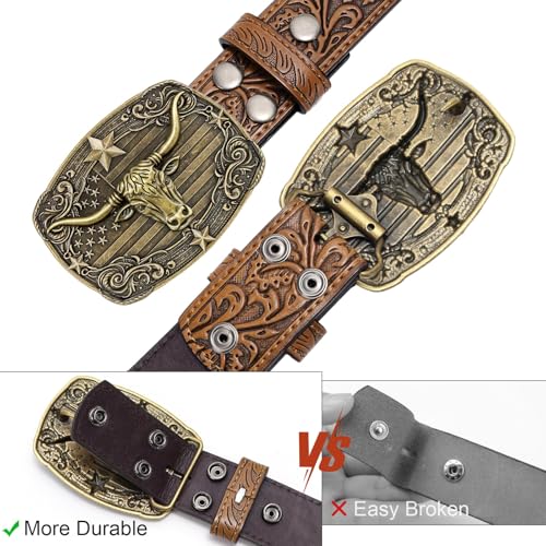 Image of SANSTHS Western Cowboy Belts for Men Women, Mens Western Belt Bull Buckle Country Belt Cowboy Leather Belt for Jeans