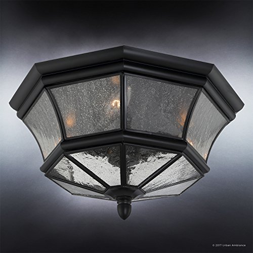 Urban Ambiance Luxury Colonial Outdoor Ceiling Light, Medium Size: 8" H X 15.25" W, With Tudor Style Elements, Versatile Design, High-End Black Silk Finish And Beveled Glass, Uql1155 #TOP2