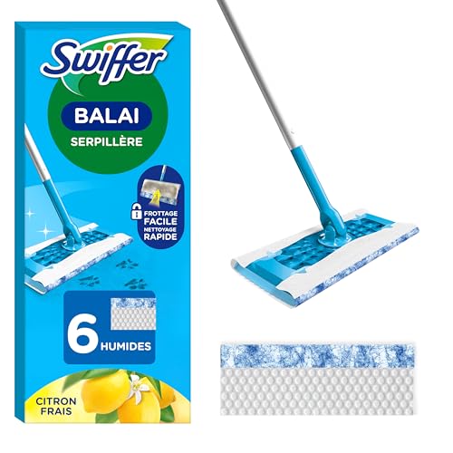 Swiffer Balai Attrape-Poussière, Kit de Démarrage (1 Balai, 6 Lingettes Imprégnées), Pouvoir Nettoyant contre les Taches Sèches, Dissolution Puissante de...