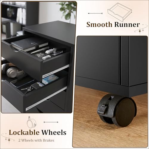 Image of 5 Drawer Mobile File Cabinet Under Desk Storage Organization with Wheels Vertical Filing Chest Rolling Wood Small Desk Printer Stand for Home Office, Black