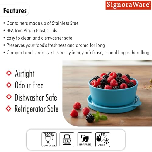 Image of SignoraWare Monarch Mini Mate Stainless Steel Container | Airtight & Leakproof | Small Storage Box for Spices, Chutney, Snacks | Ideal for Office, School & Travel (80ml | EBlue)