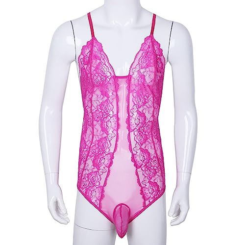 ACSUSS Men's Sheer Lace Lingerie Bodysuit Bulge Pouch Thong Leotard Sissy Crossdresser Nightwear2