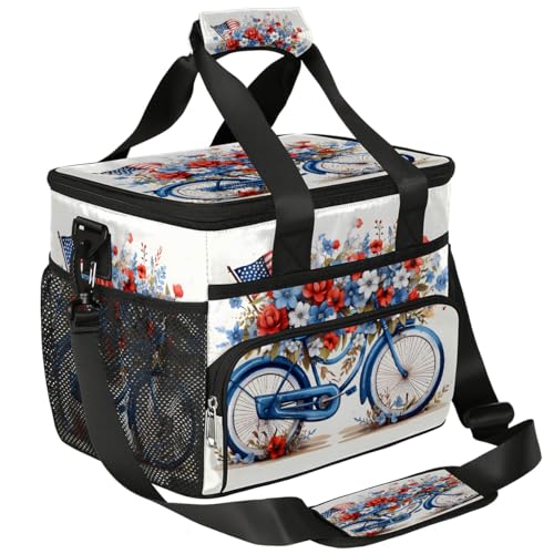 Mexpekil Bolsa térmica grande para bicicleta del Día de la Independencia Americana, floral, 15 litros, aislada, a prueba de fugas, suave, para playa, con correa para picnic, camping, viajes, pesca