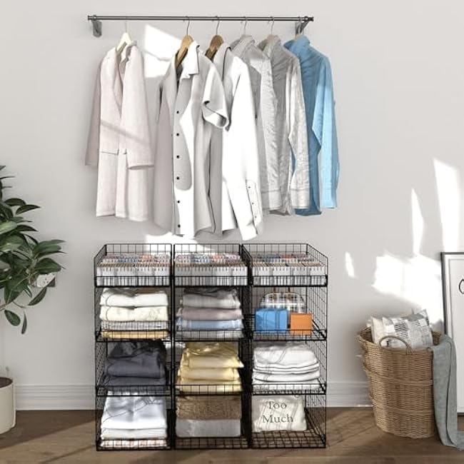 4 Pack Closet Organizers and Storage Shelves for Clothes, 4 Tier Stackable Closet Storage Basket Bin Container for Clothing Sweater Jean, Narrow, Foldable, Sturdy Metal Closet System Organizer Shelf