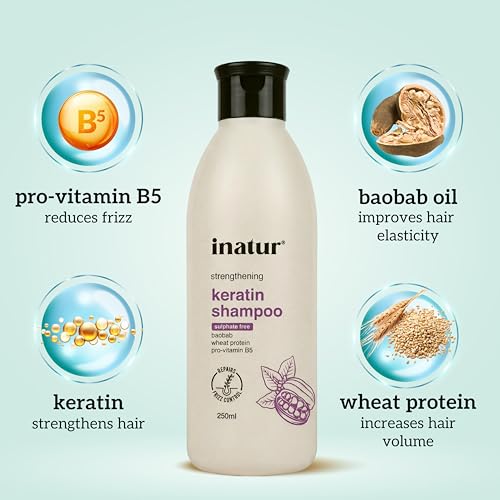 Image of inatur Keratin Shampoo - Hair Strengthening, Frizz Control, Color Protection | With Baobab Oil, Wheat Protein, And Pro-Vitamin B5 | Sulfate-Free, Natural, Vegan, Cruelty-Free| 250ml