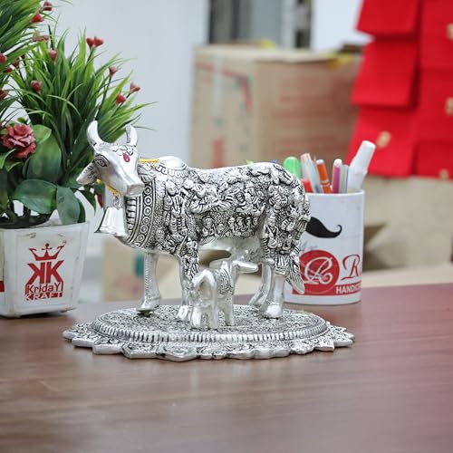 Image of Kamdhenu Cow with Calf Idol for Home Decor | Metal Cow Statue with Intricate Embossed Design | Vastu & Pooja Decorative Showpiece | Temple, Office, Housewarming & Gift Item (Silver)