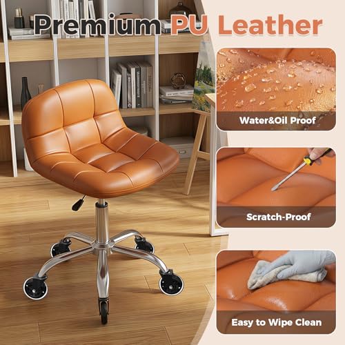Image of Rolling Stool Chair with Wheels, Height Adjustable Stool with Back Support, Office Drafting Chair with PU Leather Cushion for Home Office Kitchen Vanity Salon Garage Tattoo Dentist Esthetician(Camel)