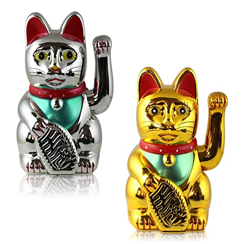 Winkekatze 2er Set Gold und Silber - Winkende Japanische Glückskatze -...