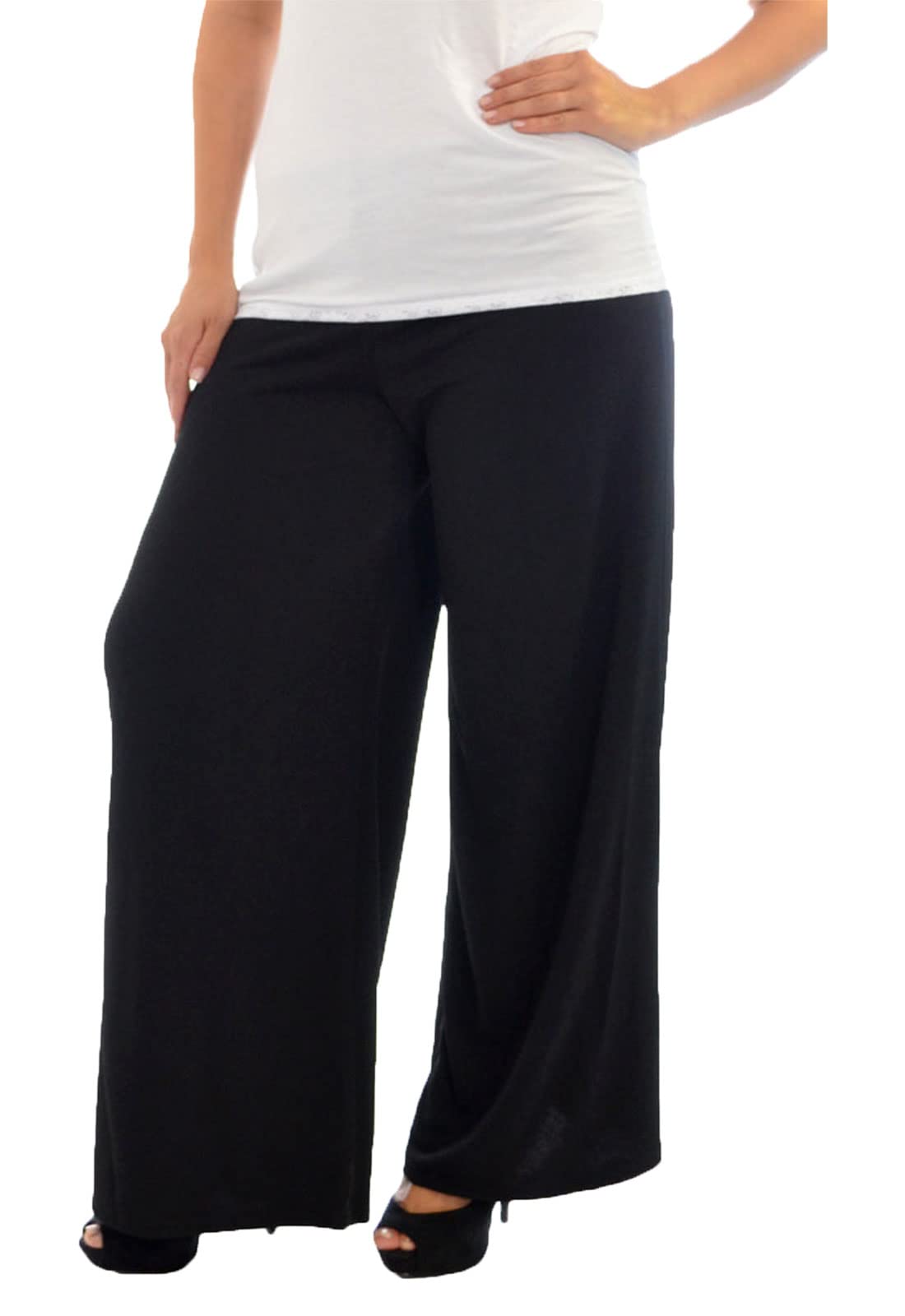 FAIRY BOUTIQUE Ladies Plain Printed Wide Leg Crepe Palazzo Trousers Womens Plus Size Casual Flared Pants Black 28-30