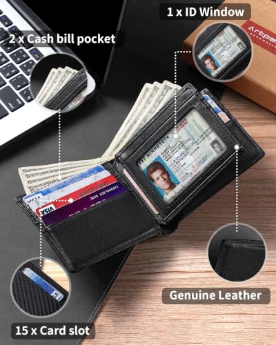 Image of Artpaxy Mens Wallet Bifold Genuine Leather RFID Blocking Wallet for Men with 1 ID Window 15 Card Holders 2 cash pockets 1 Gift Box