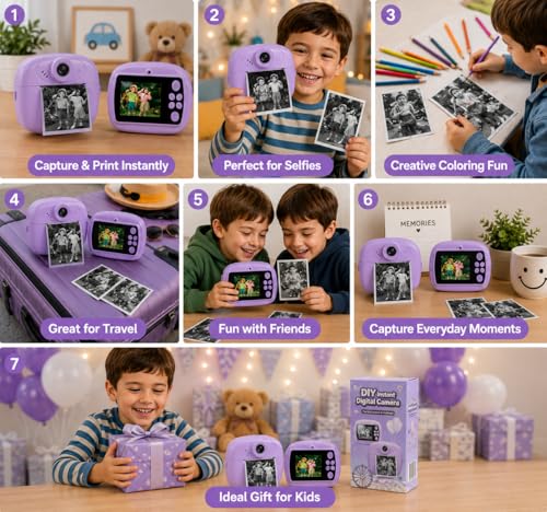 Image of Kids Instant Print Camera, 1080P HD Digital Video Camera with Built-in Thermal Printer, Fun Photo Camera for Boys & Girls (Purple)