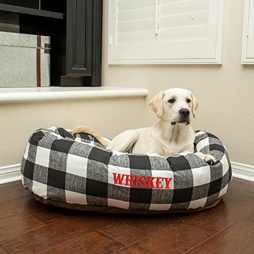 Image of Majestic Pet Anderson Check Personalized Bagel Dog Bed | Donut Style Pet Bed with Custom Embroidered Pet Name | Various Fonts and Thread Colors Available (X-Large, Charcoal Black)