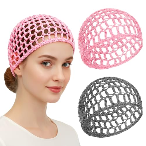 2 Pcs Shower Caps Hair Wrap Net Crochet Hair Net for Silk Press Mesh Wrapping Wrap Elastic Sleeping Hairs Wraps Caps Reusable Nets Cap for Women Sleeping Makeup Shower (Gray, Pink)