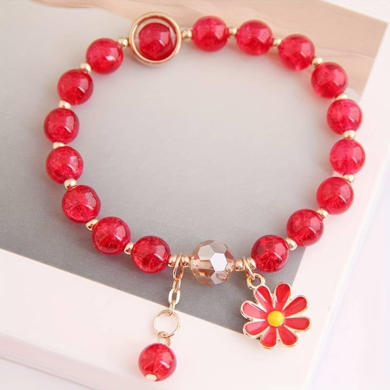 Image of El Regalo 1 PC Dailsy Flower Sparkly Crystal Beads Tassel Bracelet for Girls /Teens /Women- Cute Crackle Beads Daisy Flower Stretch Bracelet